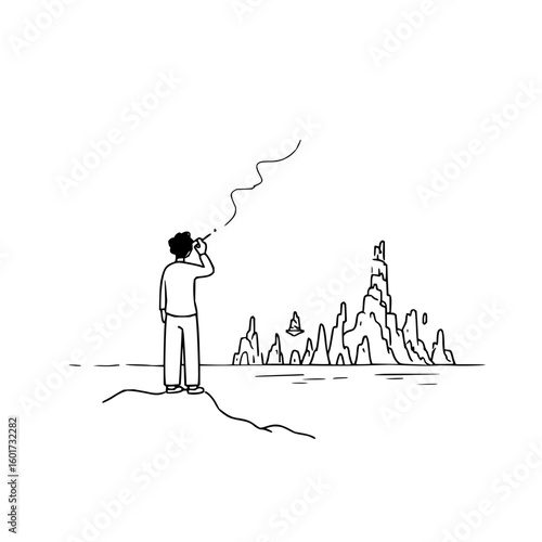 A person standing on a cliff smoking and looking at a distant island with unique rock formations and water
