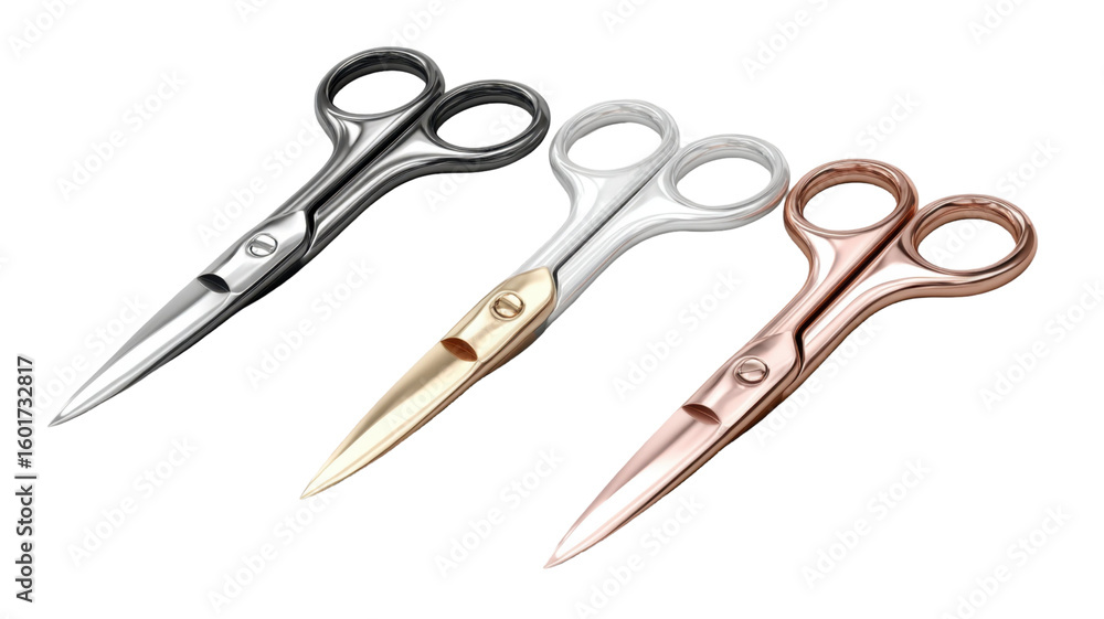 Elegant Three Scissors in Silver, Gold and Rose Gold Tones Isolated on transparent background Elegant Three Scissors in Silver, Gold and Rose Gold Tones Isolated on transparent background
