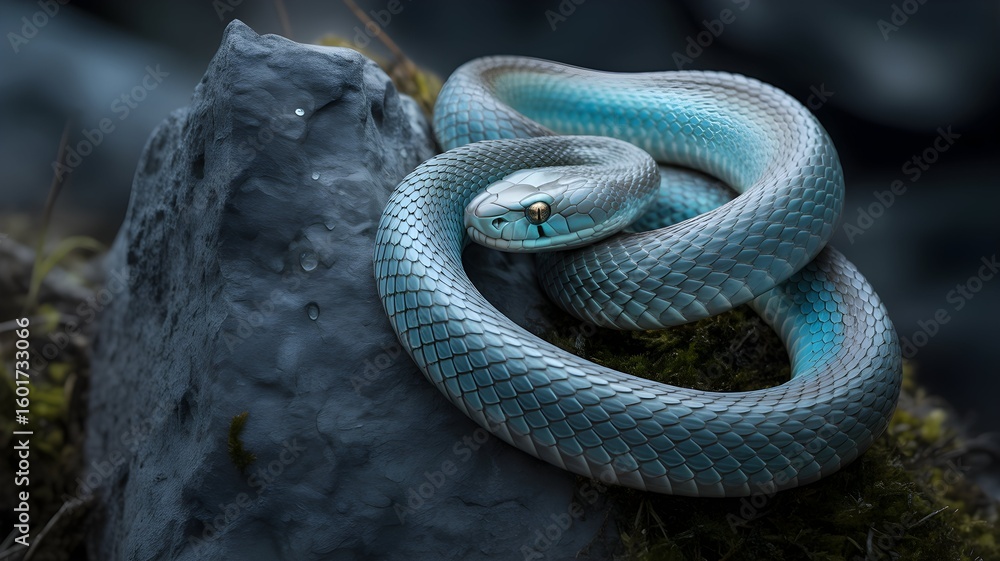Obraz premium Stunning blue snake coiled on mossy rock, a captivating nature scene for educational or fantasy projects