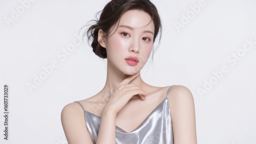 白い背景でカメラを見つめる清楚な女性