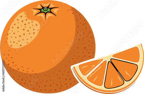 A whole orange and a juicy slice, vibrant and ripe, ready to eat.