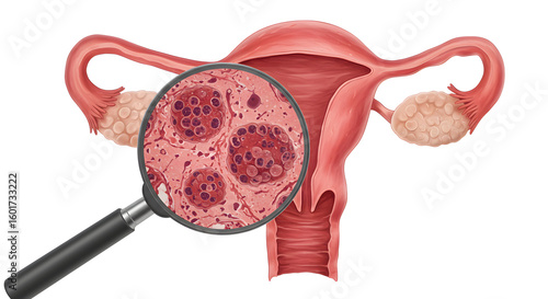 Detailed Illustration of the Female Reproductive System with Magnified Cellular Structures Depicted on a White Backdrop