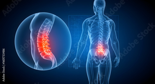 Detailed Spine and Lower Back Pain Illustration on Translucent Blue Human Figure with Glowing Red Areas Against Dark