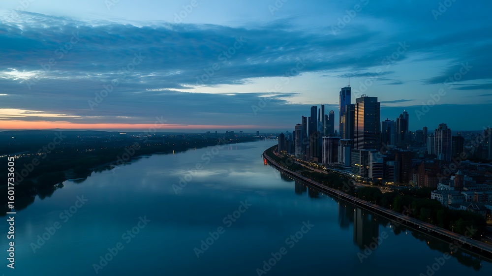 Fototapeta premium Modern city skyline at dusk with river reflection buildings skyscrapers