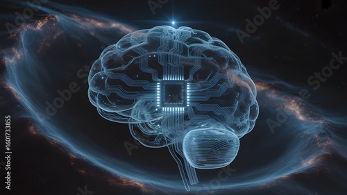 Explore artificial intelligence with glowing human brain and circuit board design futuristic concept