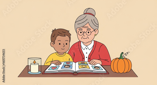 Cheerful Child and Grandmother Looking at Photo Album Cozy Family Moment with Candle and Pumpkin