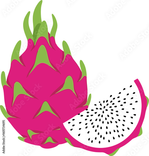 A vibrant pink dragon fruit, whole and sliced, showcasing its white flesh speckled with tiny black seeds.