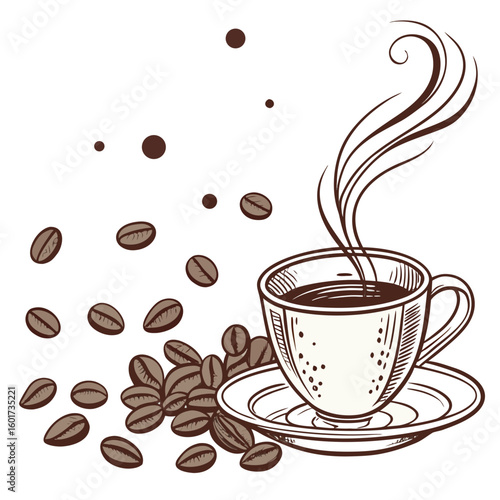 Artistic coffee cup with steaming aroma and scattered beans saucer