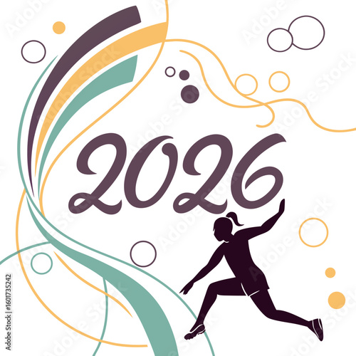 Athletic woman jumping abstract design with year twenty six athlete background