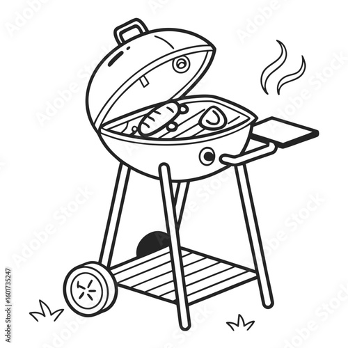 Barbecue grill with food and smoke outdoor cooking sausage