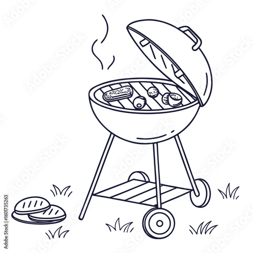 Barbecue grill with food cooking on white background outdoor