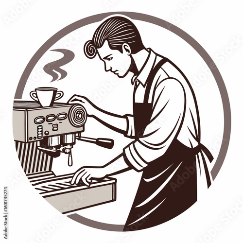Barista making coffee with espresso machine and cup vector