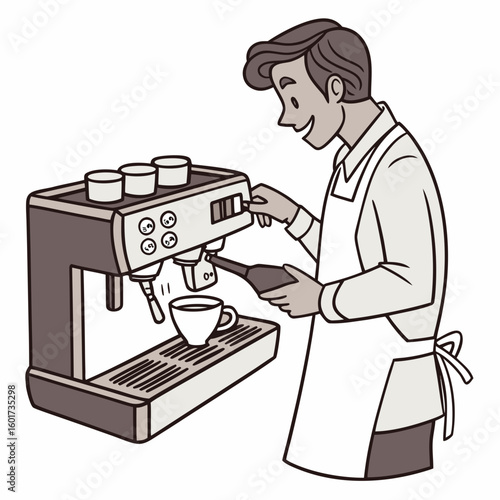 Barista preparing coffee with espresso machine preparation