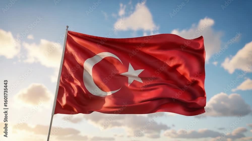Turkish Flag Waving Under Blue Sky Turkish Flag Waving Under Blue Sky