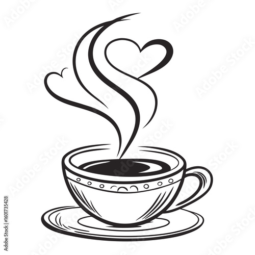 Black coffee cup with heart shaped steam hot drink love