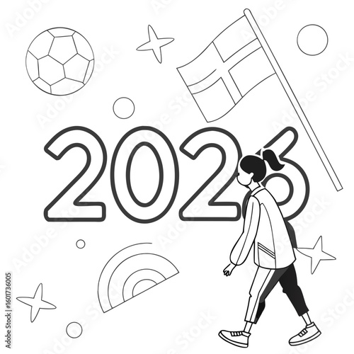 Celebratory soccer fan with flag and year soccer ball person