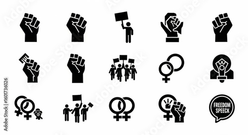 Protest and Activism Line Icon Set – Vector Demonstration, Raised Fists, Civil Rights, March, Placard, Freedom of Speech, Thin Linear Illustration