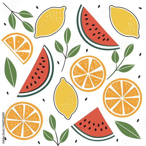 Citrus watermelon and lemon slices with green leaves orange