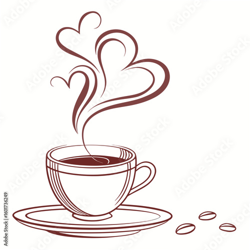 Coffee cup with heart shaped steam and beans saucer hearts