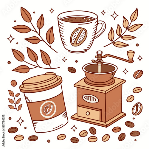 Coffee cup grinder beans and leaves illustration vector