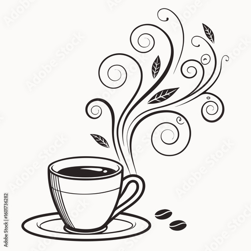 Coffee Cup With Swirling Steam And Leaves saucer coffee beans