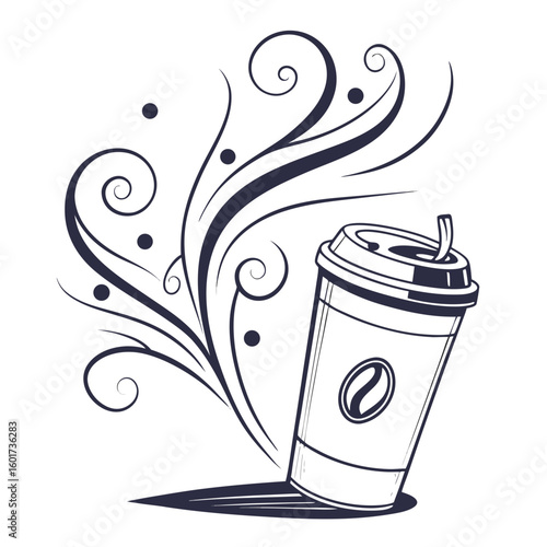 Coffee cup with swirling steam and decorative elements swirls beverage