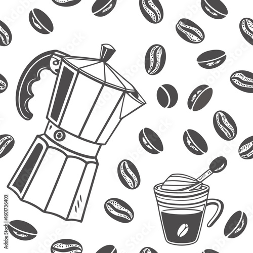 Coffee maker and beans with cup brewing moka pot