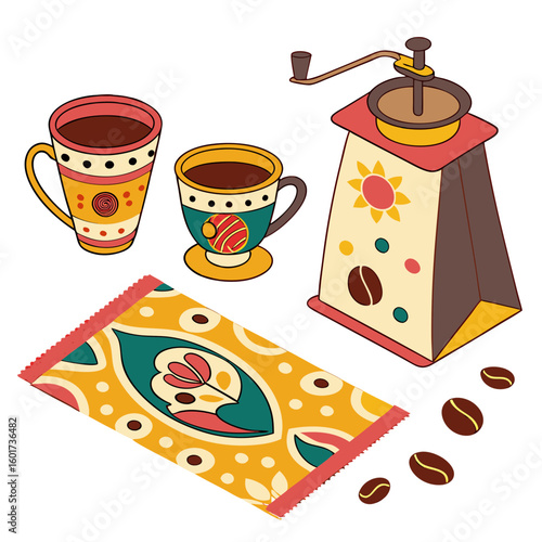 Colorful coffee cups grinder and beans with patterned mat vector