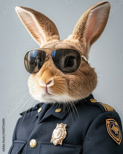 A cute rabbit wearing a police uniform and sunglasses, looking serious and professional.