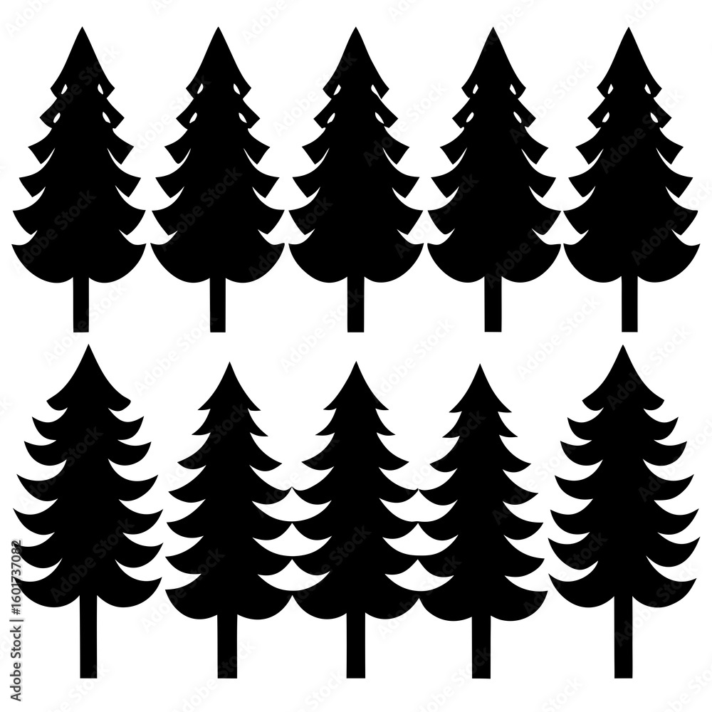 Obraz premium Silhouette of Christmas Trees in a Forest Pattern on White Background