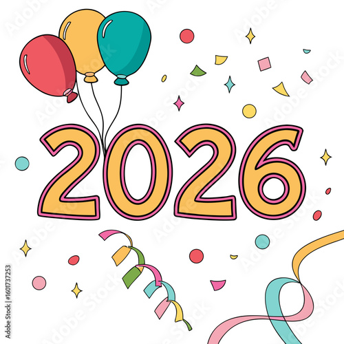 Festive celebration balloons and confetti for the year twenty six party