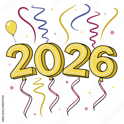 Festive golden balloons spell out the year with streamers 2026 celebration