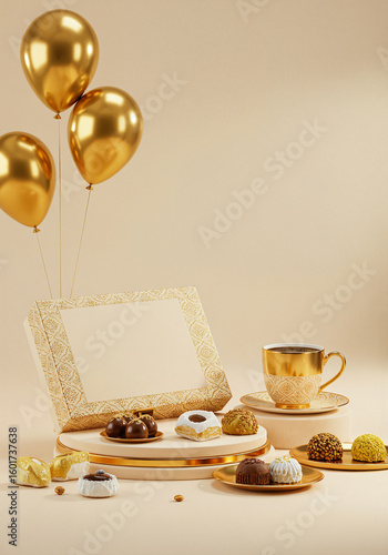 Luxury celebration with a gift box chocolates and balloons