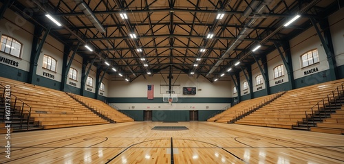 Interior wide view of an empty high school gymnasium with wooden bleachers and polished basketball