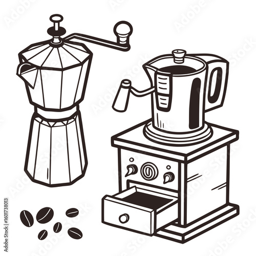 Hand drawn coffee maker grinder and beans espresso