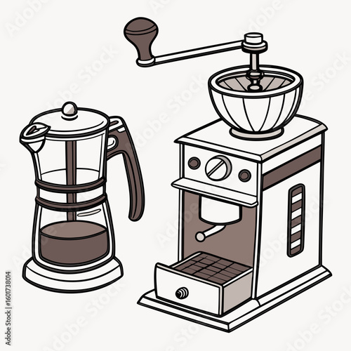 Hand drawn coffee maker and grinder set coffee grinder manual grinder