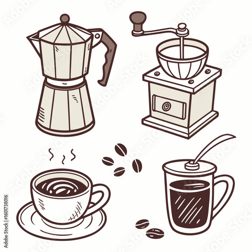 Hand drawn coffee maker grinder cups and beans espresso mocha pot