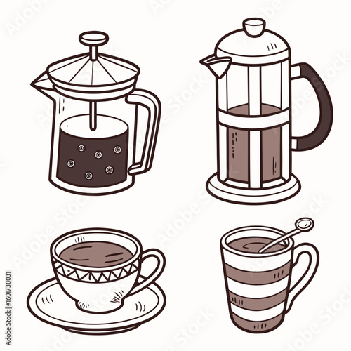 Hand drawn coffee makers and cups with brown beverage french press saucer