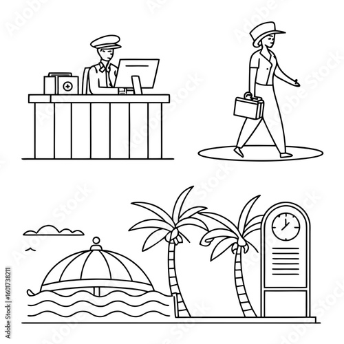 Hotel reception attendant and beach scene desk computer