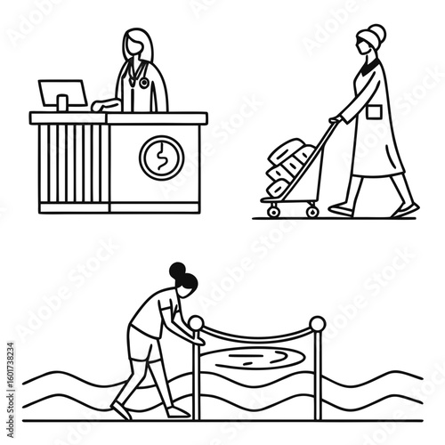Hotel reception desk attendant with computer and luggage cart attendant vector
