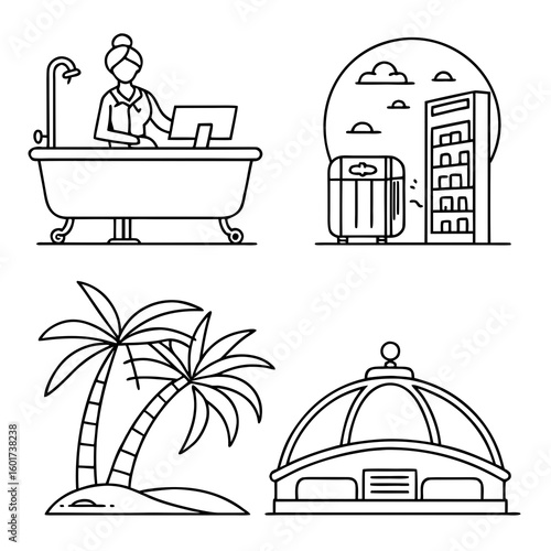 Hotel reception desk with computer and bathtub vector