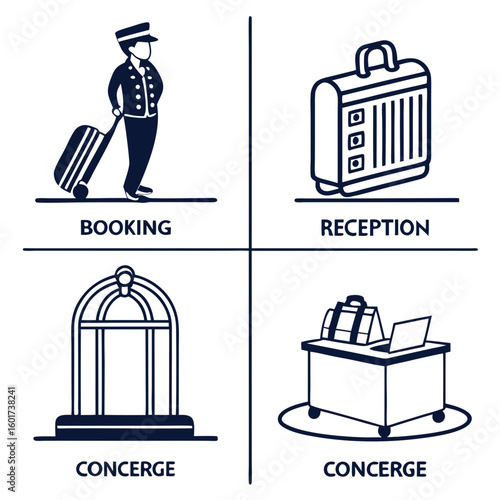 Hotel service icons bellhop luggage reception desk booking