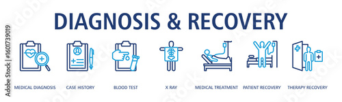 Diagnosis And Recovery Web Banner Outline Dualtone icon vector illustration concept with icon of medical diagnosis,case history,blood test, x ray, medical treatment, patient recovery, therapy recovery