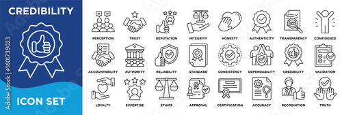 CREDIBILITY icon collection set. Containing credibility,trust,reputation,integrity,honesty,authenticity,transparency,ethics,accountability,loyalty icon. Simple line vector.
