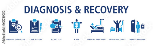 Diagnosis And Recovery Web Banner Glyph Dualtone icon vector illustration concept with icon of medical diagnosis, case history, blood test, x ray, medical treatment, patient recovery, therapy recovery