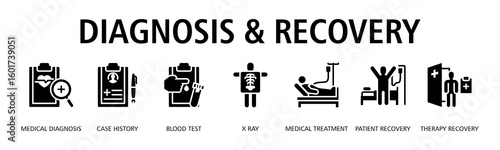 Diagnosis And Recovery Web Banner Glyph icon vector illustration concept with icon of medical diagnosis, case history, blood test, x ray, medical treatment, patient recovery, therapy recovery