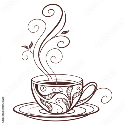 Ornate coffee cup with swirling steam and decorative patterns saucer hot beverage