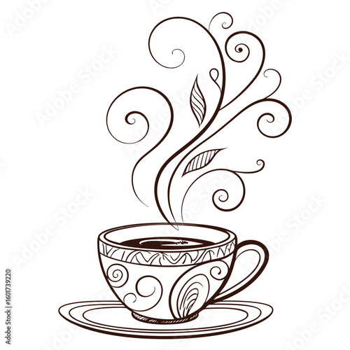 Ornate coffee cup with swirling steam and decorative elements saucer swirls