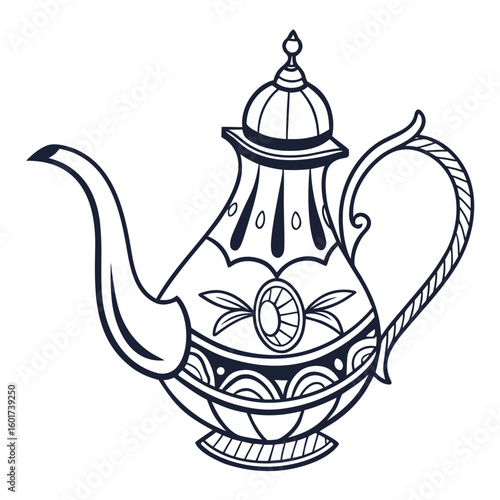 Ornate dark blue teapot with decorative elements beverage drink