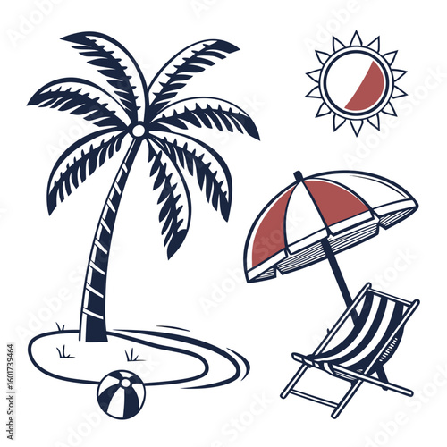 Palm tree beach chair sun and ball vector
